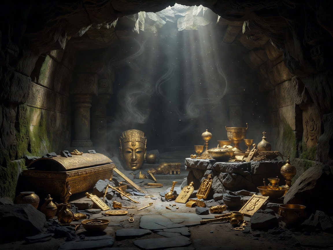 Mysterious lost relic chamber with golden artifacts