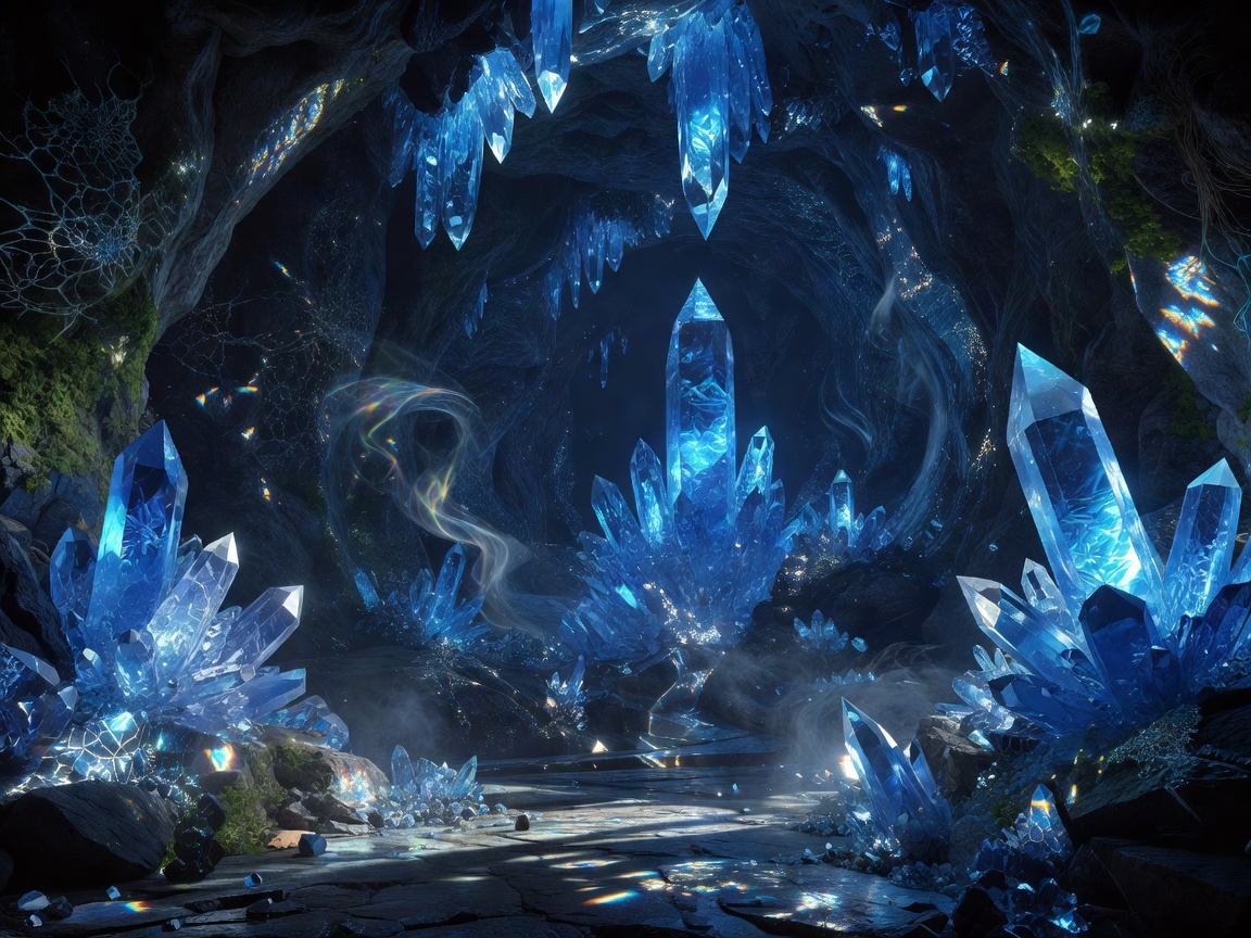 Magical blue crystal cave illuminating the dark chamber